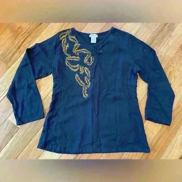 Soft Surroundings Tops - Soft Surroundings Lagenlook Blue Long Sleeved Tunic Gold Embroidery Women’s Sz M